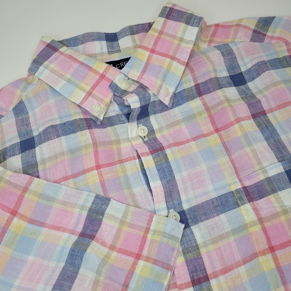 Cremieux Linen Shirt Mens Medium Blue Plaid Short Sleeve Button Up Casual